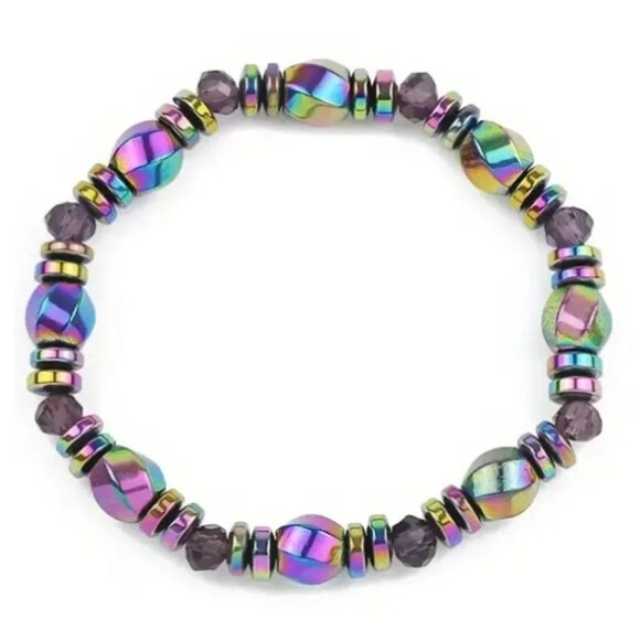 Natural Iridescent Hematite Beaded Bracelet - Magnetic Therapy for Women or Men - Picture 2 of 3